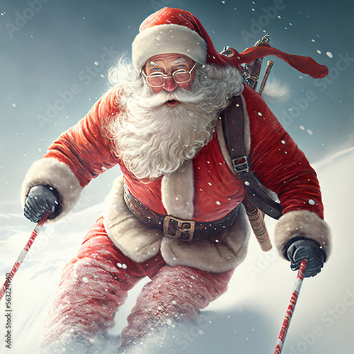 Santa Claus riding on ski, Generative AI