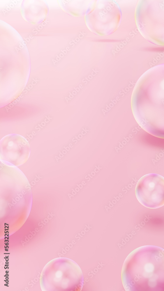 ピンク色の背景にシャボン玉が複数ある空間。（縦長）
