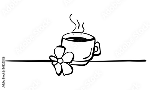 Floral tea linear banner in doodle style, contour cup with hot drink