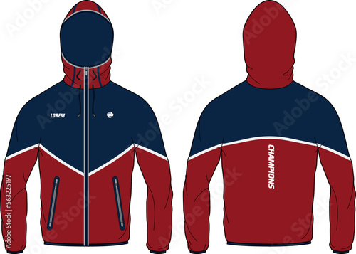 Trail running Windcheater Hoodie jacket design flat sketch Illustration, Hooded windbreaker jacket with front and back view, winter jacket for Men and women. for hiker, outerwear in winter