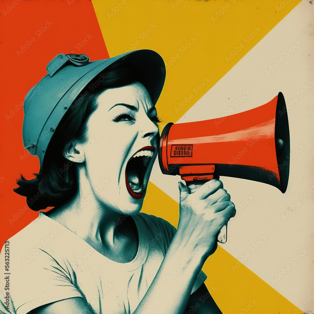 poster, illustration of a woman screaming with megaphone. Generative AI - obrazy, fototapety, plakaty 