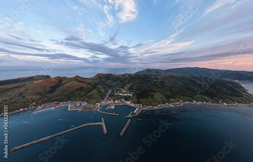Aerial view of a town from the above in Rebun Island Hokkaido japan at sunrise