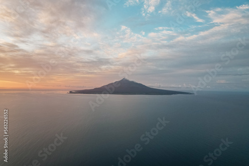 Aerial view of Mount Rishiri and sea from the above