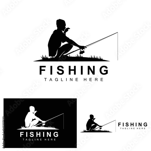 fishing logo icon vector, catch fish on the boat, outdoor sunset silhouette design