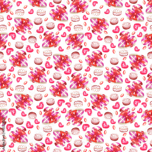 Watercolor Valentines Day seamless pattern. Hand painted colorful background with pink and red hearts and candies.