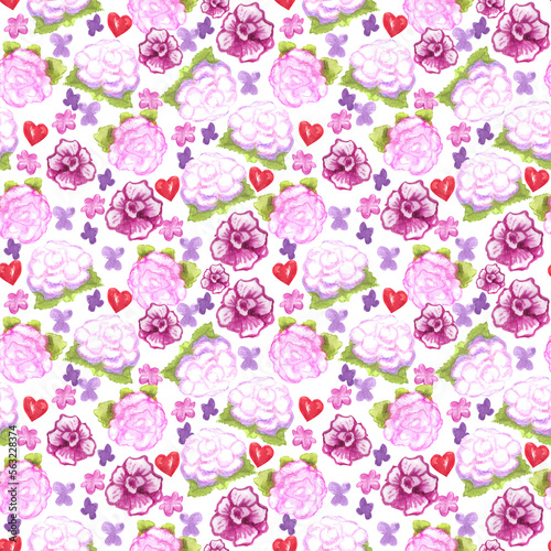 Watercolor Valentines Day seamless pattern. Hand painted colorful background with red hearts and  pink flowers. © TrishaMcmillan