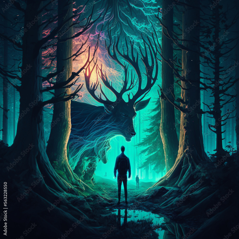 A person front of a haunted doe in the forest. fantasy art, digital artwork, wallpaper, background, digital painting, illustration.
