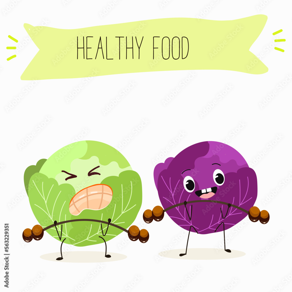 Obraz premium Illustration with funny characters cabbage, red cabbage. Funny and healthy food. Vitamins, cute face food, ingredients, vegetarianism, vector cartoon, antioxidant.