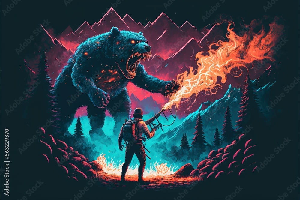 man with a flamethrower fighting with a demon bear, digital art style, illustration painting