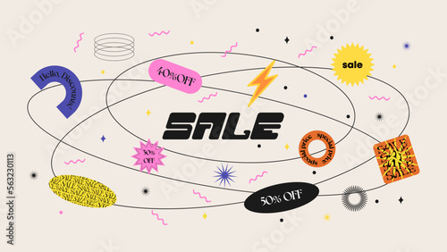 Web sale background template for trendy business discount. Retro 90s abstract art label for store discount, online promotion or social media post. Fun y2k style graphic element landing page.