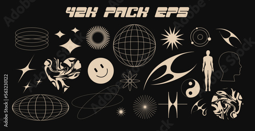 Vector Graphic Assets Set. Bold modern Shapes for Posters Template, flyers, clothes, social media, graphic design, sticker, In Y2k style, Futuristic, Anti-design, Digital Collage, Retro Futurist.