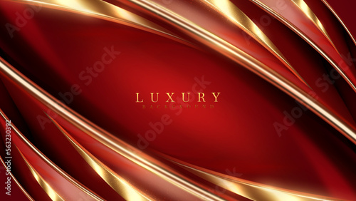Realistic elegant golden curves on red background with glitter light effect decoration.