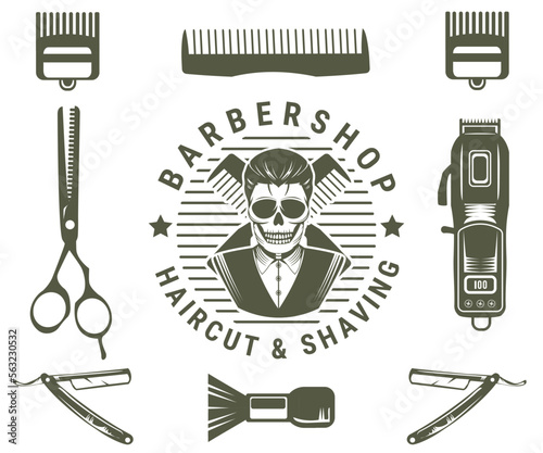  barbershop vintage logo set icon.Skull style barbershop logo