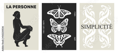 Women wall art, vector set. Boho silhouette art drawing with abstract print and butterflies. Art design for print, cover, wallpaper, Minimal wall art.	