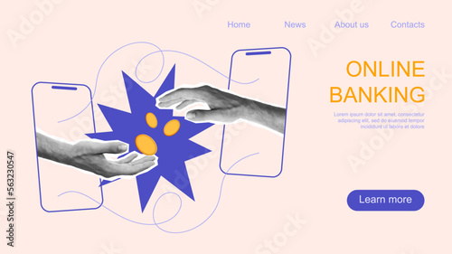 Online payment on online money or cryptocurrency transfer or currency exchange concept with two hands coming out of smartphone pass each other a golden coin. Minimalistic collage vector illustration