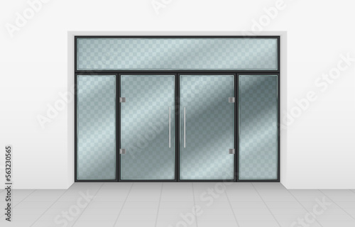 Store entrance. Realistic glass doors. Shop storefront. Exterior front of office or supermarket. View of mall wall. Transparent doorway. Showcase windows. Vector 3D neoteric mockup