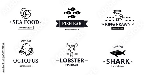 Sea fish logo. Fresh marine food. Black silhouette emblem for deep maritime business with water animals. World ocean characters. Seafood bar sign design. Vector geometric recent icons set