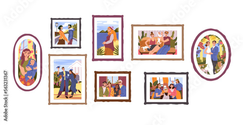 Memory frames. Happy moments. Marriage or graduation photos. Life wedding photograph. Couple portraits. Mom and dad with baby together. Family snapshots set. Vector cartoon illustrations