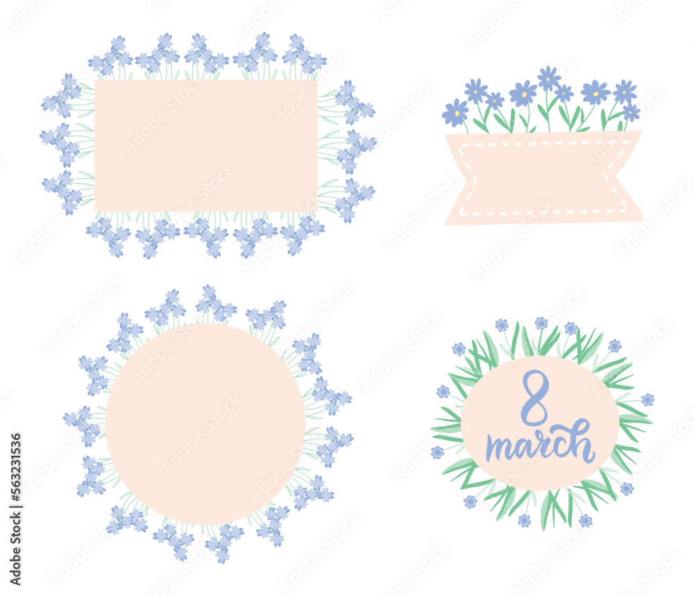 Spring flower frame. Wildflowers bouquet. Happy womans day. Happy Mothers day. 8 march. Easter spring wildflowers hand drawn vector illustration