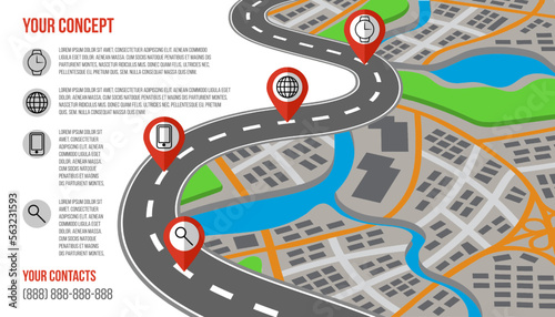 Road map. City street signs. 3D path highway plan. Way to home. GPS markers. Pin on blank travel line. Urban navigation. Roadway traffic infographic. Vector icon current background