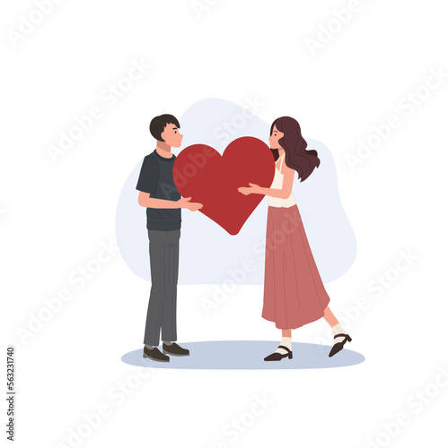 Couple in love together, People In Love concept. Man and woman holding hearts. Flat vector illustration