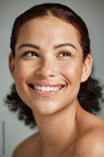 Fotografie Beauty, skincare and face of woman in studio isolated on a gray background