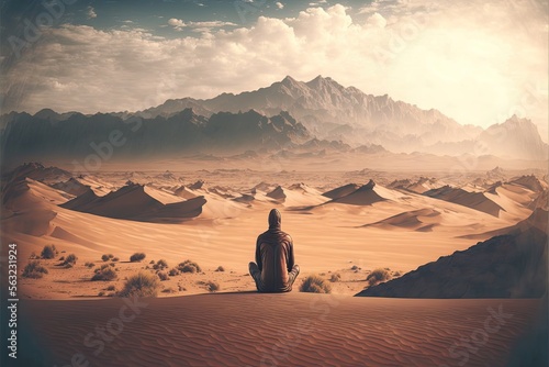 Generative AI a person sitting in desert, surrounded by the beach beautiful landscape © AdriFerrer