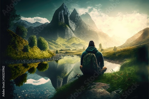 Person sitting in nature surrounded by a beautiful landscape. Generative AI © AdriFerrer