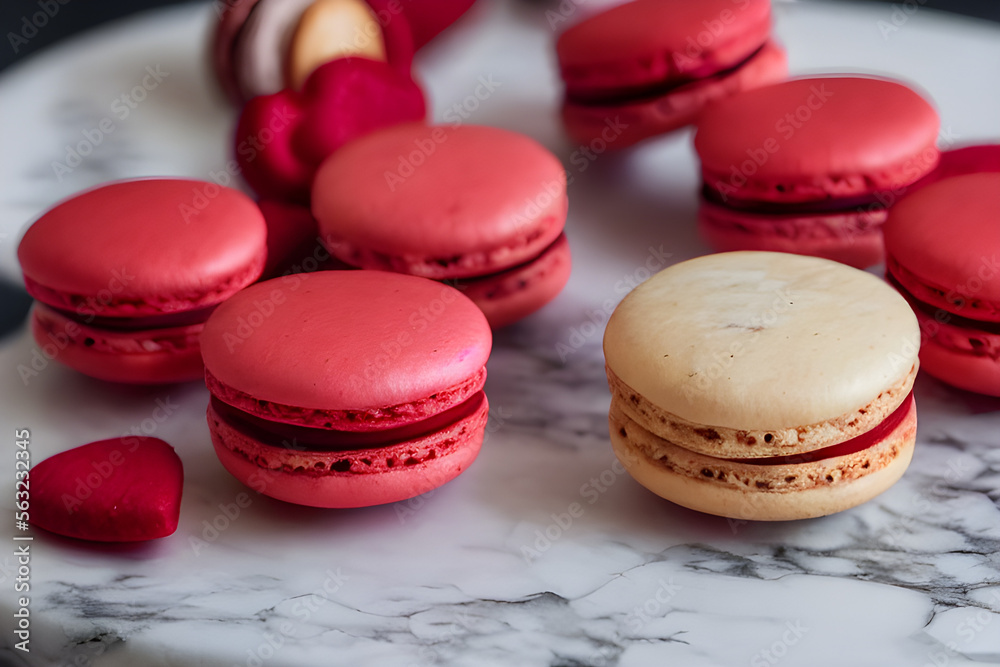 Obraz premium valentine's day french macaroons, macarons, red, pink and white assortment of romantic dessert, roses and heart sprinkles
