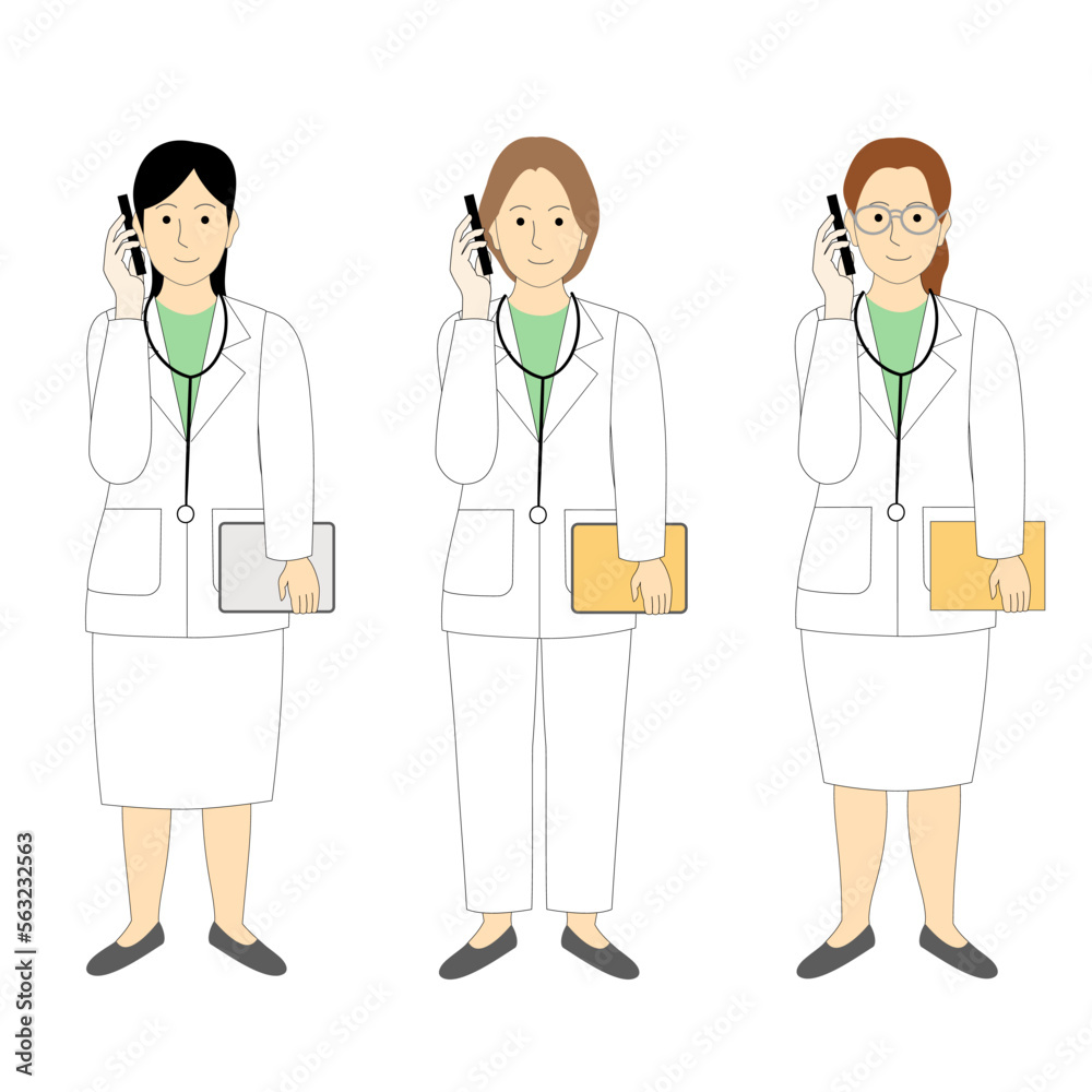 A set of female doctors, surgeons, dentists, veterinarians, white background with a cellphone A set of female doctors, surgeons, dentists, veterinarians, white background with a cellphone