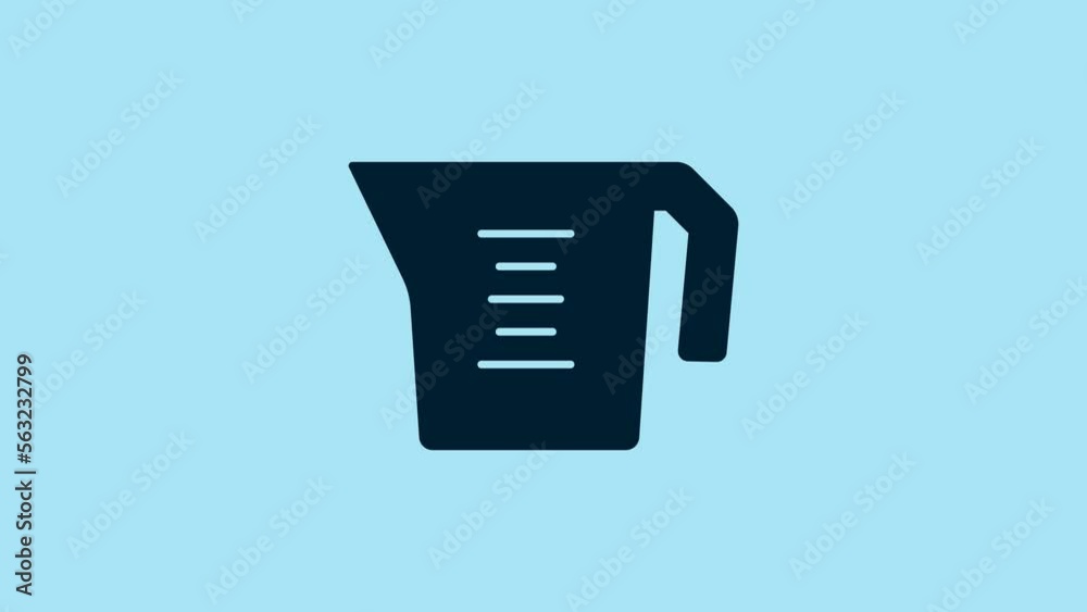 Blue Measuring cup to measure dry and liquid food icon isolated on blue background. Plastic graduated beaker with handle. 4K Video motion graphic animation