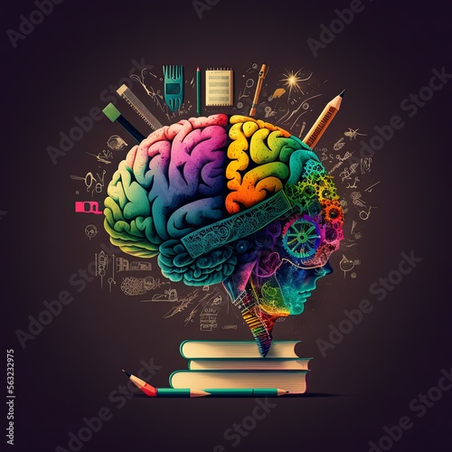 Anatomy of colorful brain and pile of books. Concept for learning, imagination, education and creativity. Generative AI.