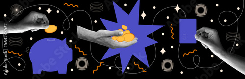 Contemporary collage with hands and a laptop and money and abstract shapes. Banner of financial planning. Vector art