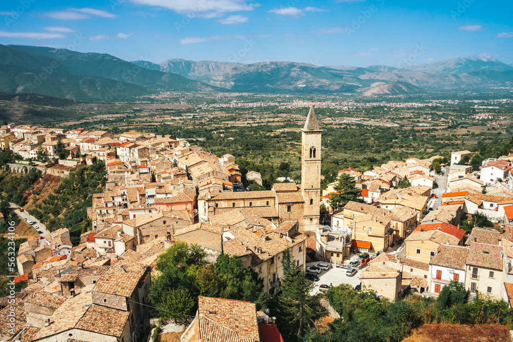 Elevated view of the historic hilltop Italian village of Pacentro in the province of L'Aquila in Abruzzo.