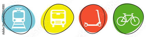 Fotografia Banner mit 4 bunten Buttons: Mobilität - Bahn, Bus, Roller und Fahrrad