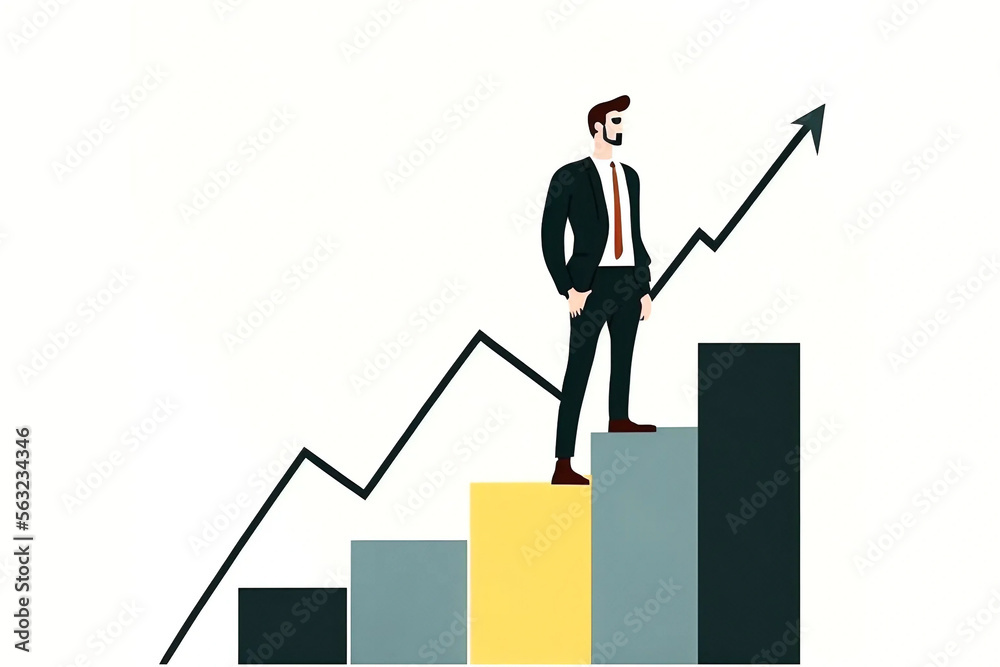 Abstract illustration of a person who climbs the financial chart, goes to his goal and success