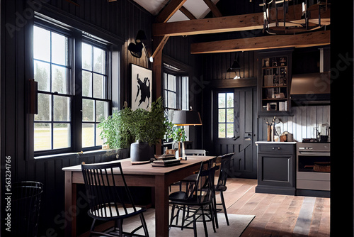 cozy interior of a country house in a wooden design. spacious living room with kitchen area with large windows. © PaulShlykov