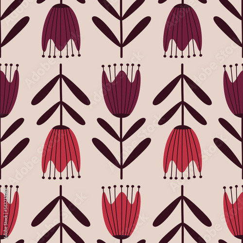 Colorful red tulips flowers in flat style hand drawn vector illustration. Scandinavian floral ornament seamless pattern for fabric or wallpaper.