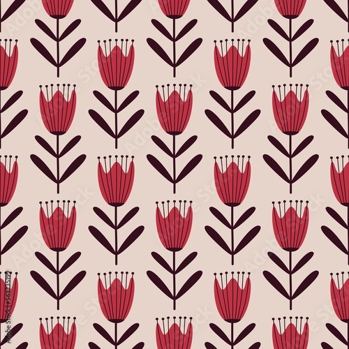Red tulips flowers in flat style hand drawn vector illustration. Vintage floral ornament seamless pattern for fabric or wallpaper. #563235199