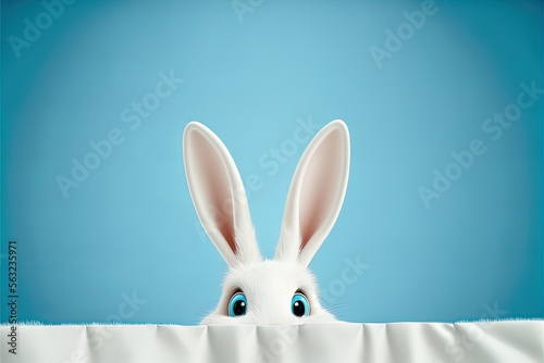 Cute easter rabbit sticking out green grass corner on blue sky background with empty space for text or product. Currious small bunny symbol of spring and easter
