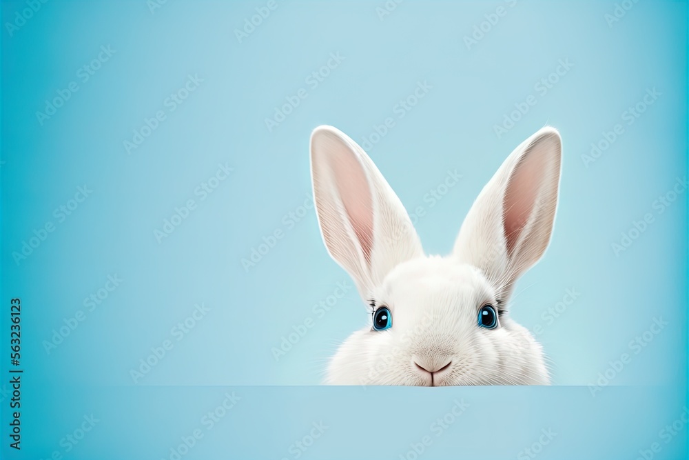 Cute easter rabbit sticking out green grass corner on blue background with empty space for text or product. Currious small bunny symbol of spring and easter Cute easter rabbit sticking out green grass corner on blue background with empty space for text or product. Currious small bunny symbol of spring and easter