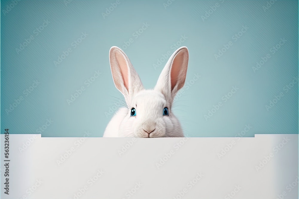 Obraz premium Cute easter rabbit sticking out green grass corner on blue background with empty space for text or product. Currious small bunny symbol of spring and easter