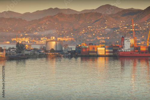 cargo containers and cranes for loading onto ships in the seaport, logistics and delivery