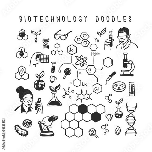 Biotechnology and medical science icons. Chemical virus laboratory set, medical analysis experiment, chemical formula and reaction tube, laboratory test tube.