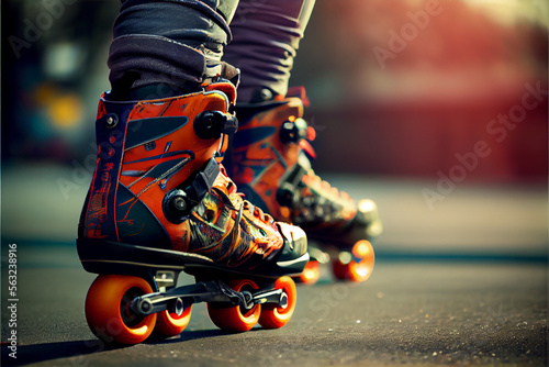 Man legs on roller skates at summer. Inline skates sport conceptual image.