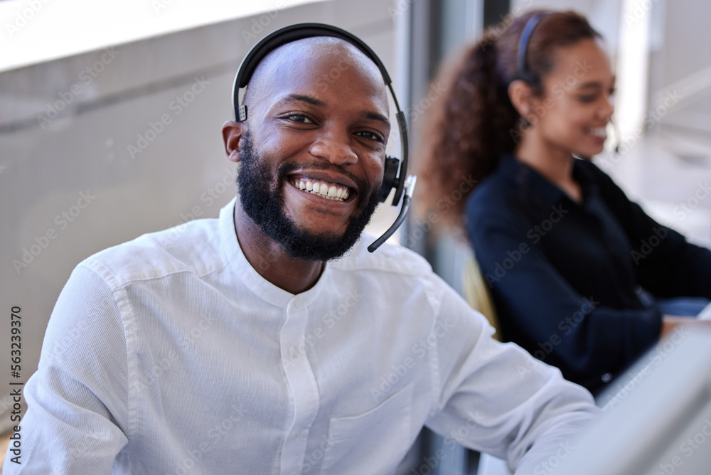 Black man, call center and office portrait with smile, communication and customer service. Happy crm expert, contact us and telemarketing agent with voip tech, talking and consulting job with woman Black man, call center and office portrait with smile, communication and customer service. Happy crm expert, contact us and telemarketing agent with voip tech, talking and consulting job with woman