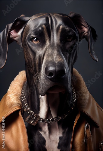 Great Dane wearing a leather jacket - Dog Breed Portrait