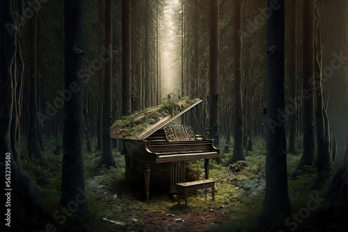 beautiful old piano in the sunlight among lush greenery in the redwood forest 