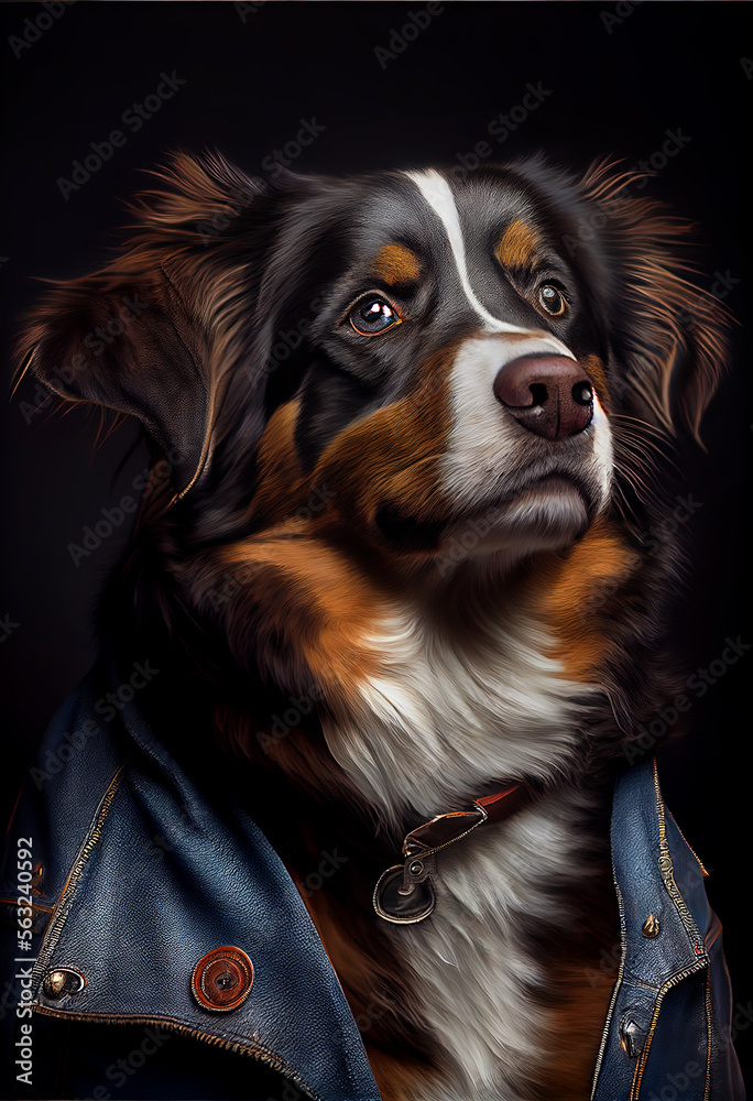 Australian Shepherd wearing leather jacket - Dog Breed Portrait v.2