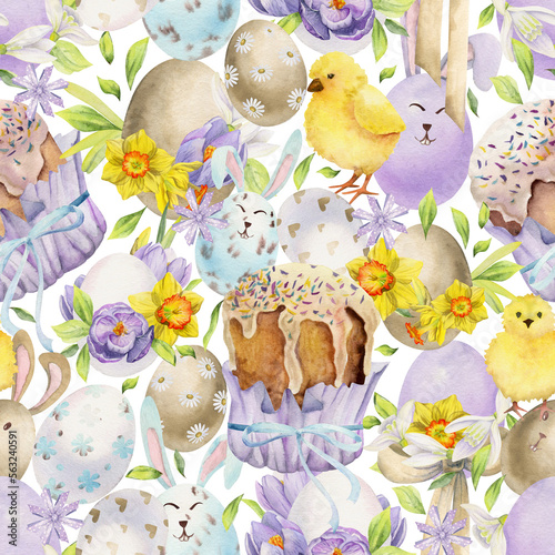 Watercolor hand drawn Easter celebration clipart. Seamless pattern with painted eggs, bows, flowers. Pastel color. Isolated on white background. For invitations, gifts, greeting cards, print, textile